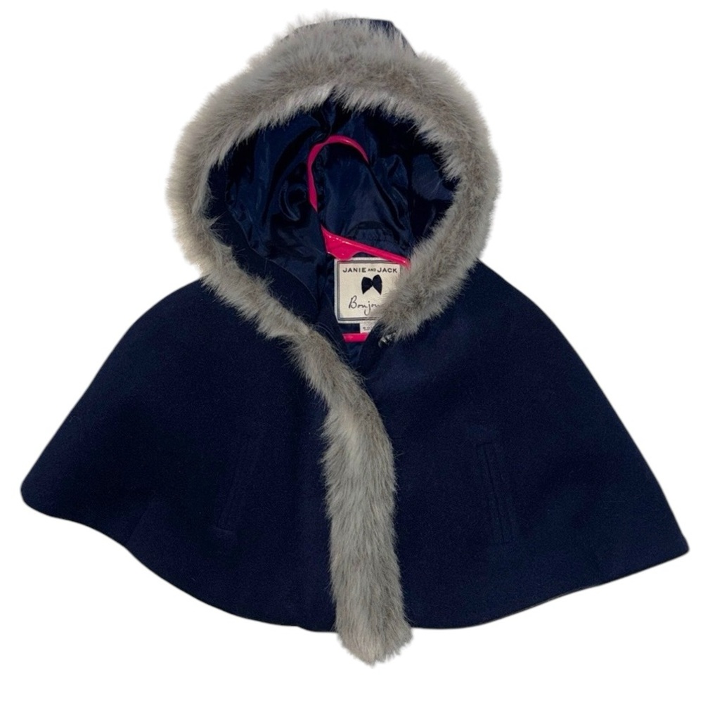 Janie and Jack Blue and Gray Cape with Faux Fur Hood size 6-12 months NWOT